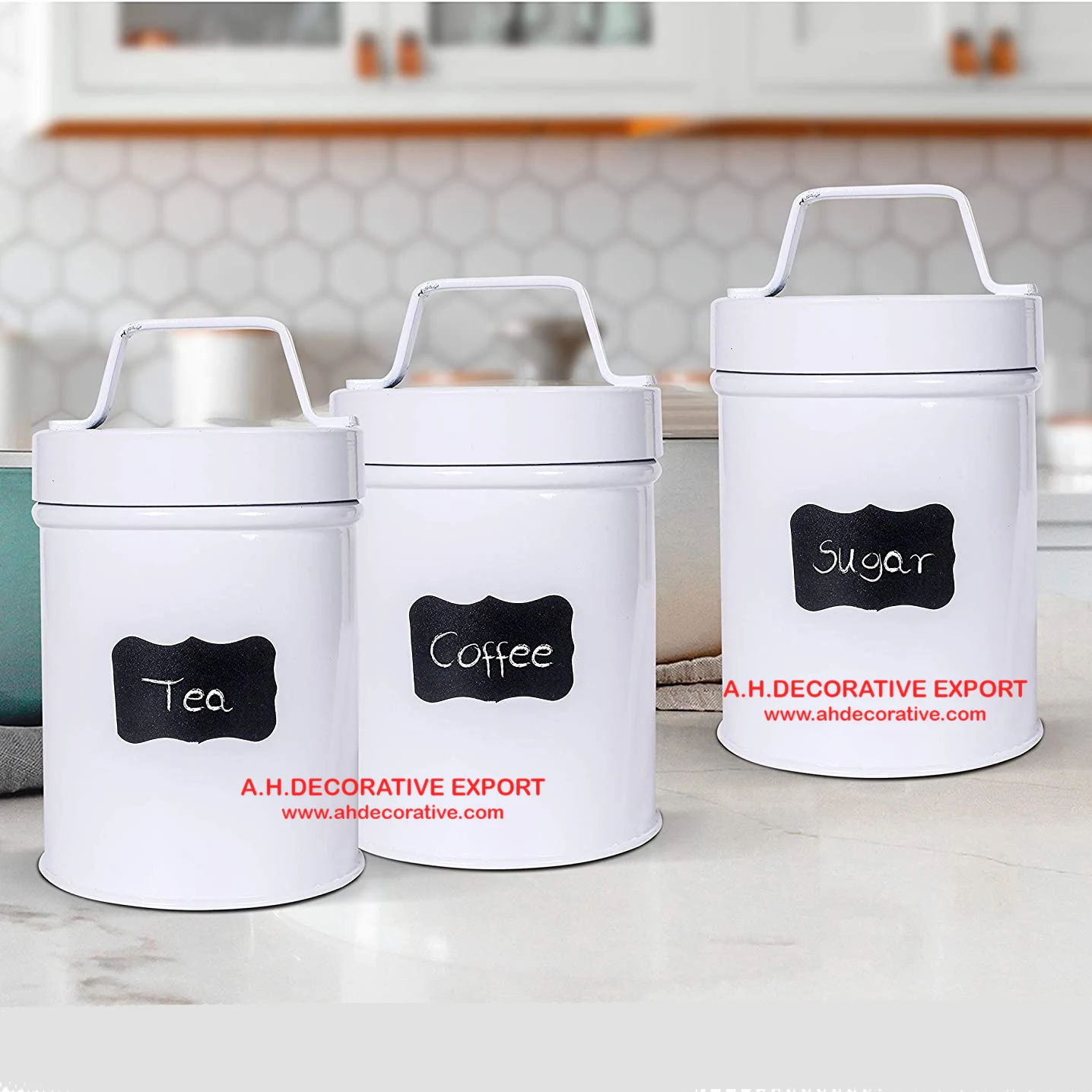 Metal Canister Sets for Kitchen Storage Customized Print Kitchen Decorative Canisters Set of 3 for Sugar Tea & Coffee Storage