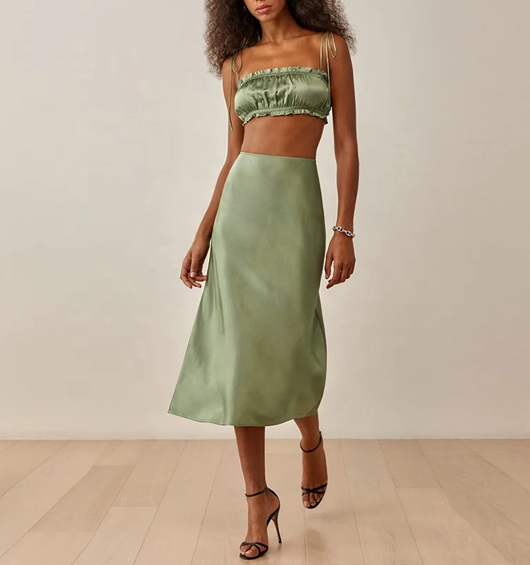 Elegant Ladies Office Midi pencil skirt Women High Waisted Summer Long Skirt Solid Satin Silk Skirt.jpg