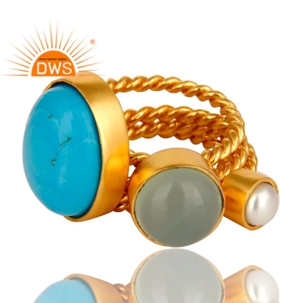Turquoise, Blue Chalcedony And White Pearl Gold Vermeil Twisted Ring 3 Pieces Set Fashion Brass Ring