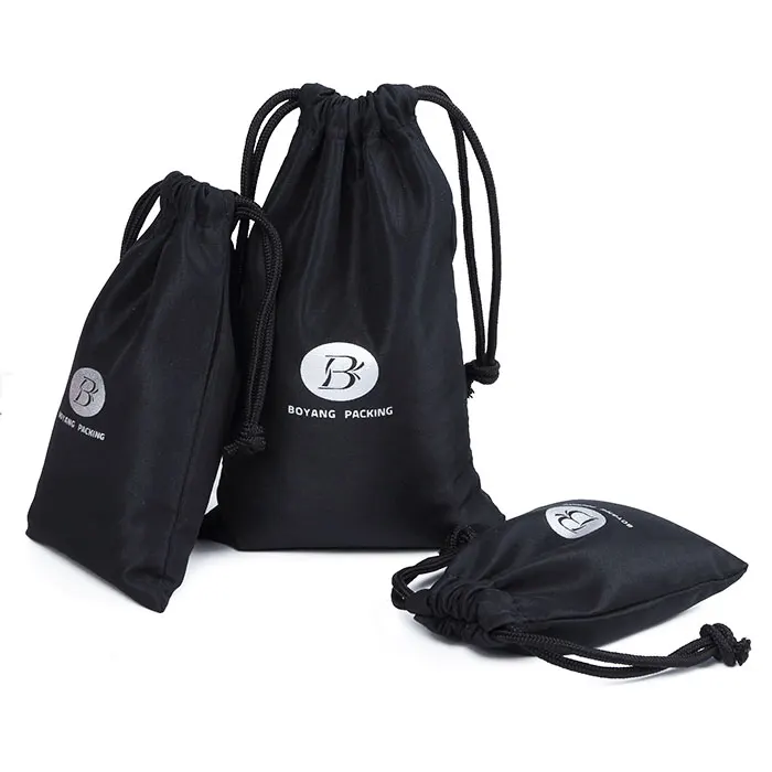 Fashion design mini black drawstring bags organic soft cotton pouches with custom logo