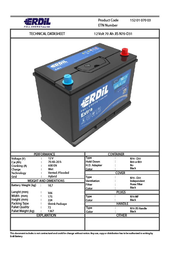 
12 V 70 Ah JIS N70 D31 Car Battery for Korean Japaese and Asian vehicles 