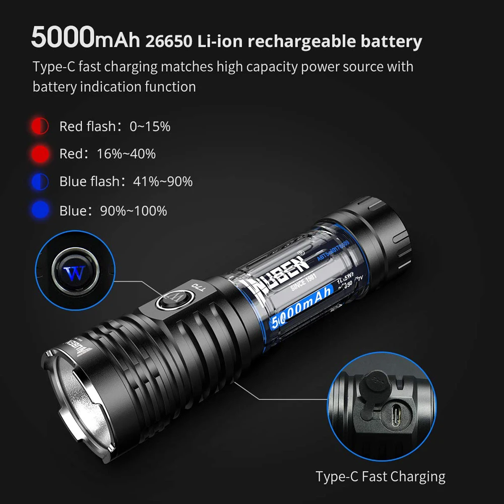 WUBEN Hot Sale 4200 Lumens IP68 Waterproof Torch Rechargeable Hunting Tactical LED Flashlight