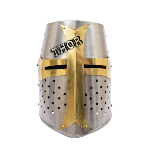 Medieval Era Brass Crusaders Templar Premium Steel & Brass Helmet  Props & Head Leather Wear Helmet