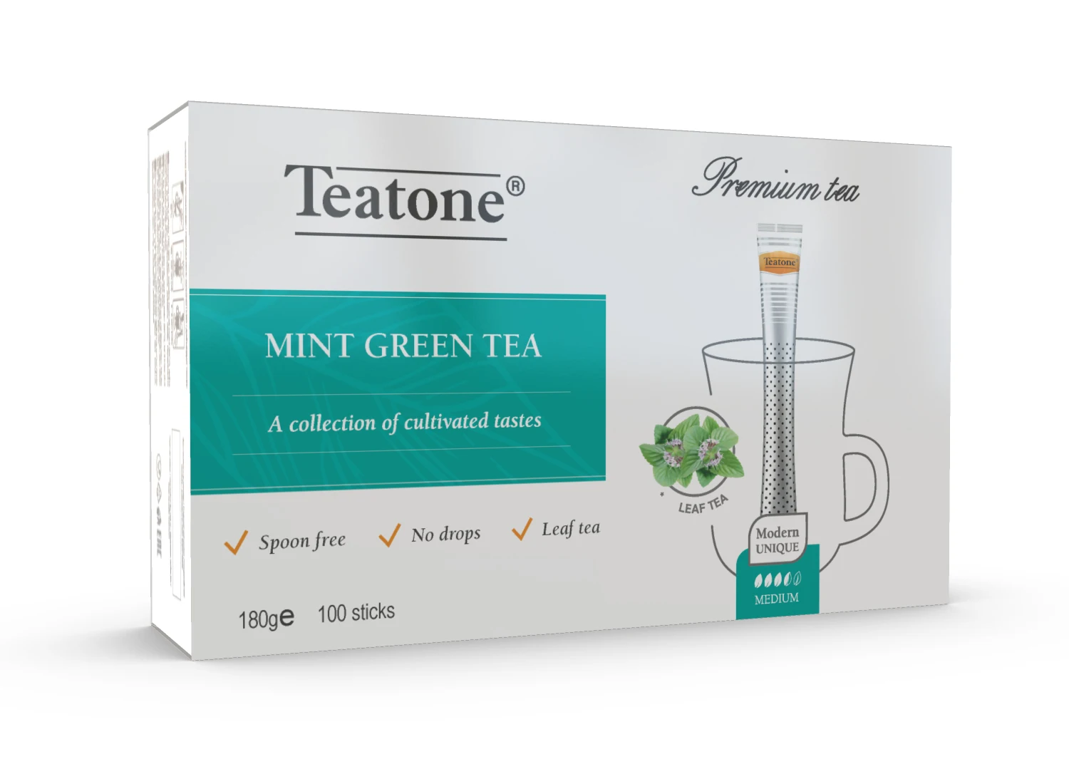 Green tea with Mint in stick TEATONE 100 sticks in individual package * 1.8g High quality