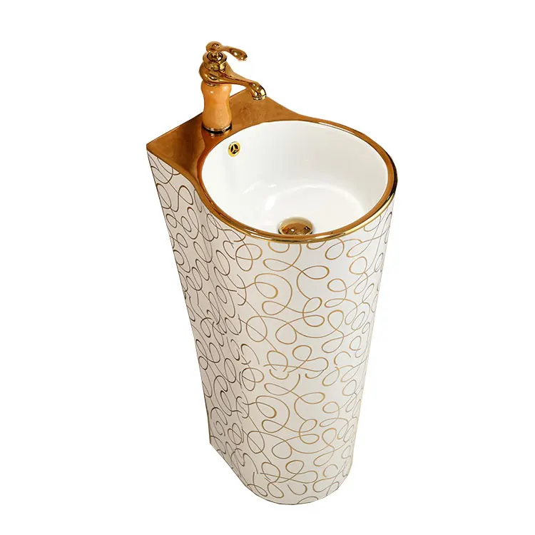 Chinese European Design Bathroom sinks Wash Basin Stand on-piece Pedestal golden color Basin
