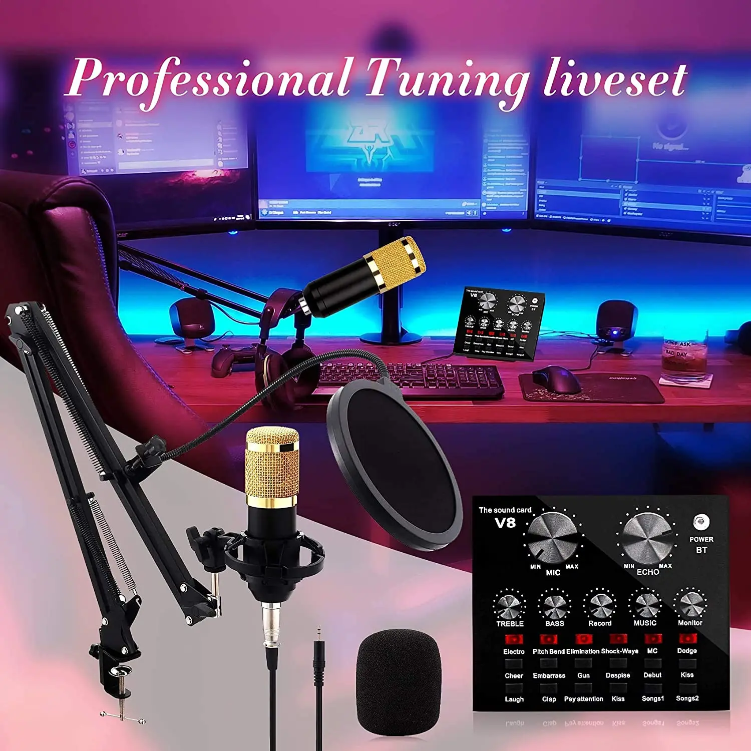 BM800 Condenser Microphone Kit Pro Audio Studio Sound Recording Microphone with V8 Muti-functional Sound Card