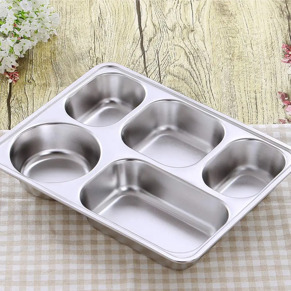 Canteen 5 compartment divided stainless steel mess lunch dinner snack plate fast food tray