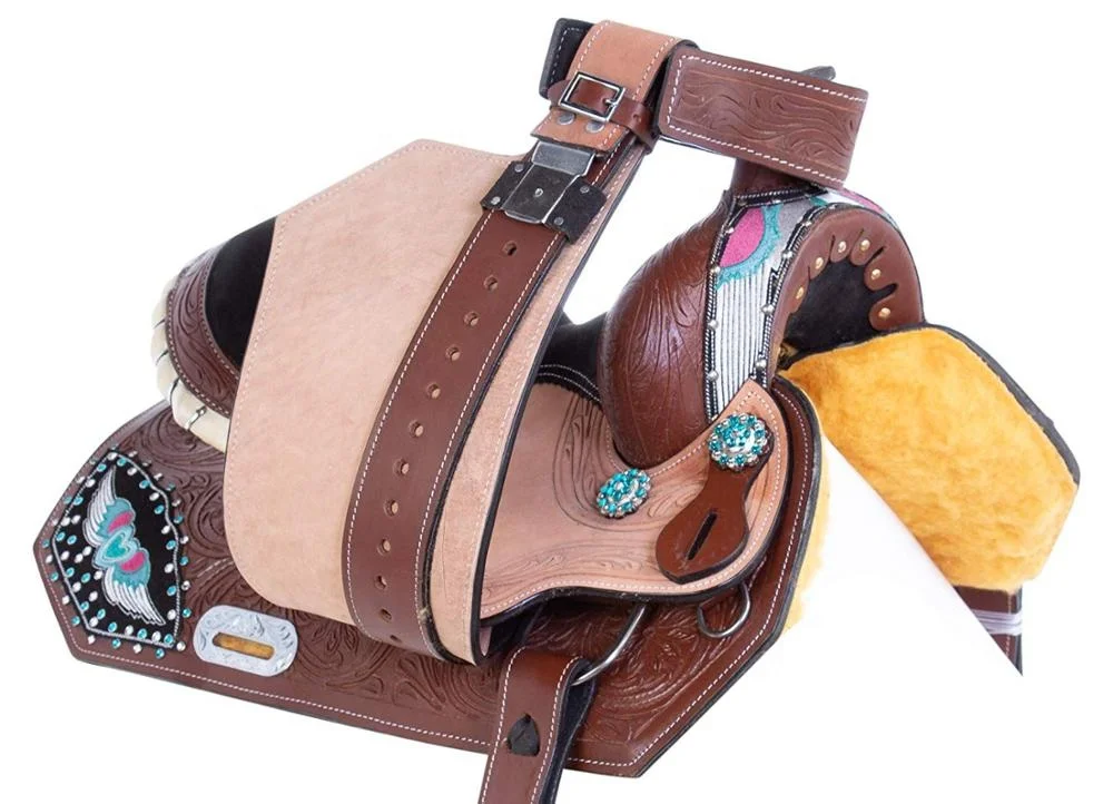 Western Show Turquoise Pink Heart Crystal Show Leather Horse Barrel Racing Saddle Set