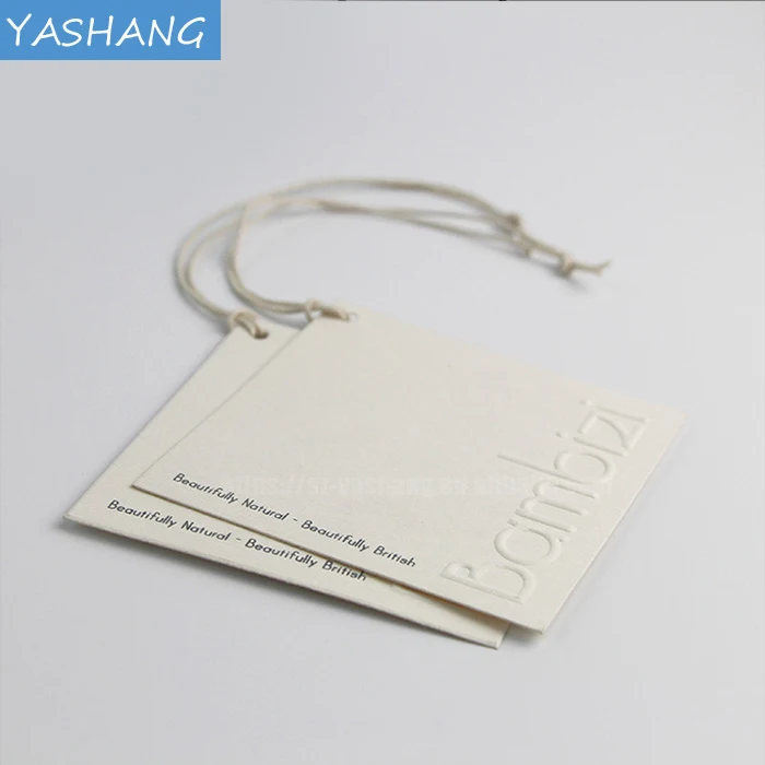 Gold stamping white paper tag elastic loops with hang tag black blind letterpress printing