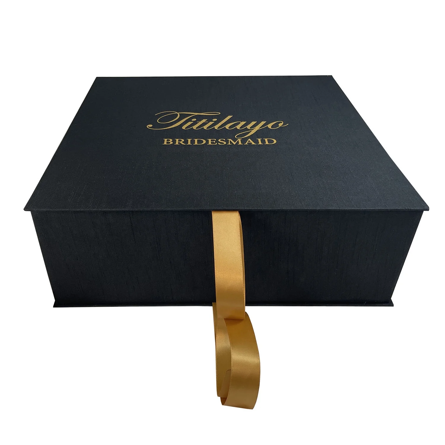 LARGE BLACK HINGED LID CUSTOM METALLIC GOLD PRINTED BRIDESMAID SILK GIFT BOXES