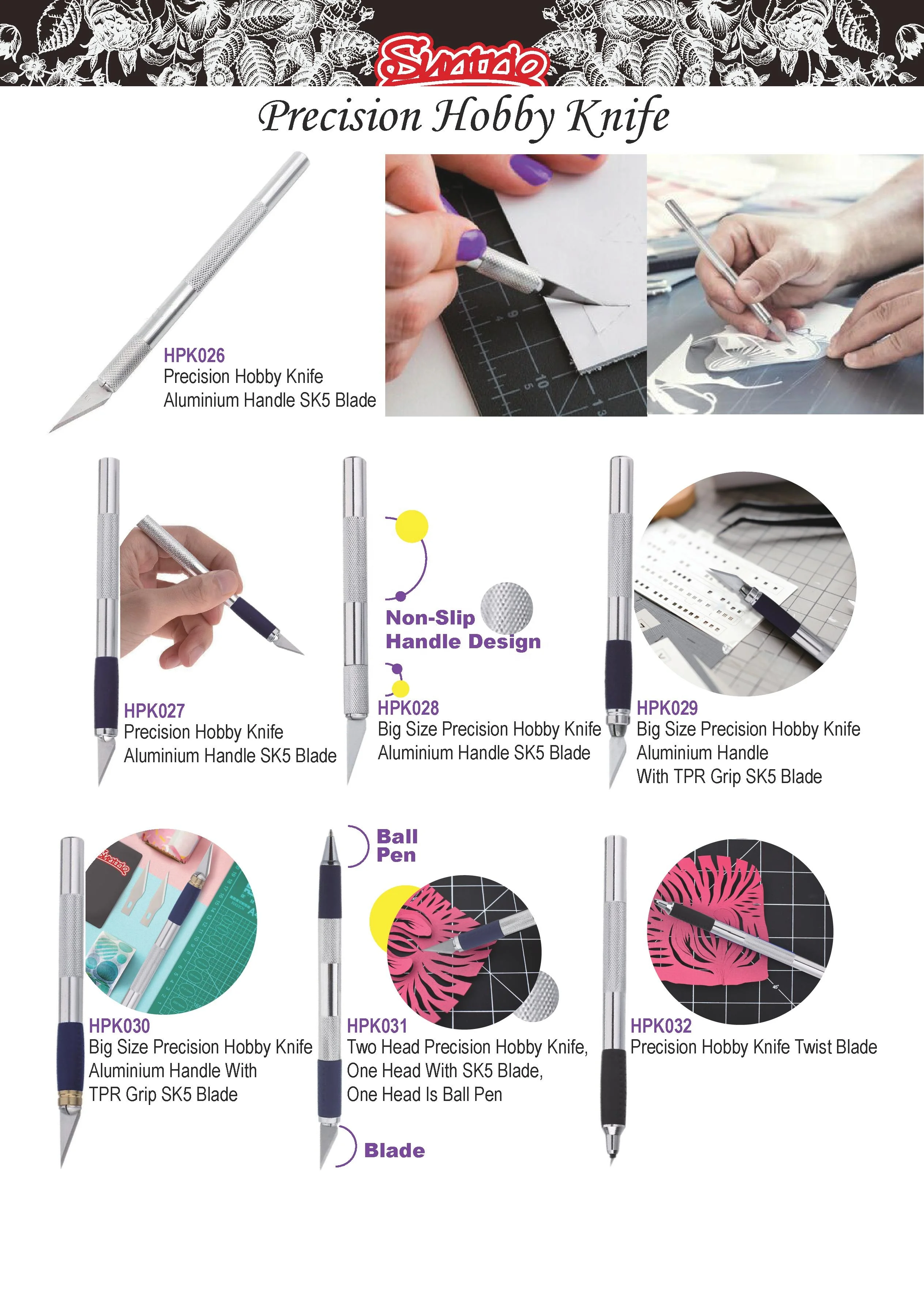 Slim aluminum handle with TPR soft rubber grip SK5 blade Precision art hobby craft knife