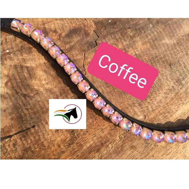
ELEGANT HORSE BROW BAND COFFEE LACQUER CRYSTAL LUXURY TRENDY EQUESTRIAN PRODUCT WITH BACK OPEN STICKY TAPE AT LOOP. 