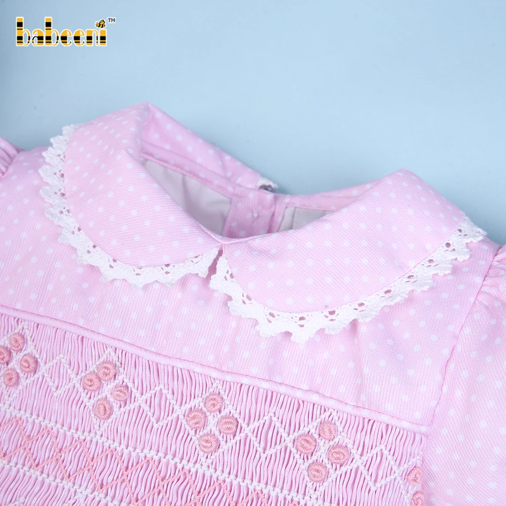 Pink polka dot geometric smocked dress for baby girl ODM kids dresses for girls wholesale baby dresses- BB2540