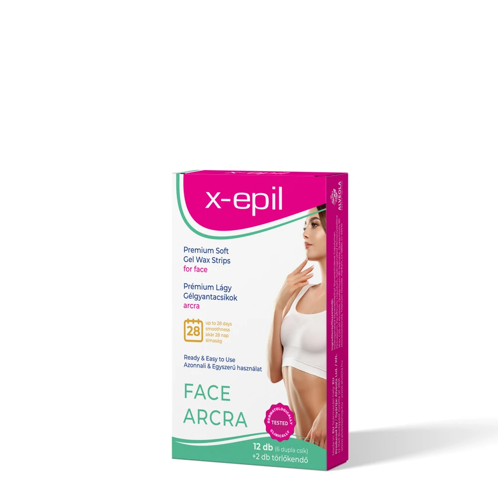 X-Epil Ready to use Premium Gel Wax Strips for Face Depilatory Wax Strips 12pcs / box with 2 pcs Post-Depilatory Oil Wipes
