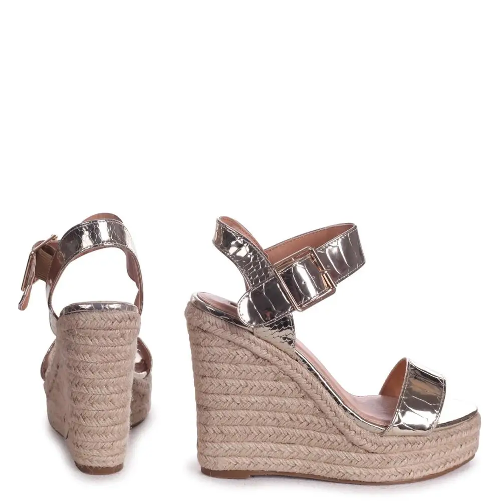 Women Attractive Gold Croc Rope Ankle Strap Platform Sandals Ladies Party Shoes (sandalias mujer) Heeled Sandals Footwear