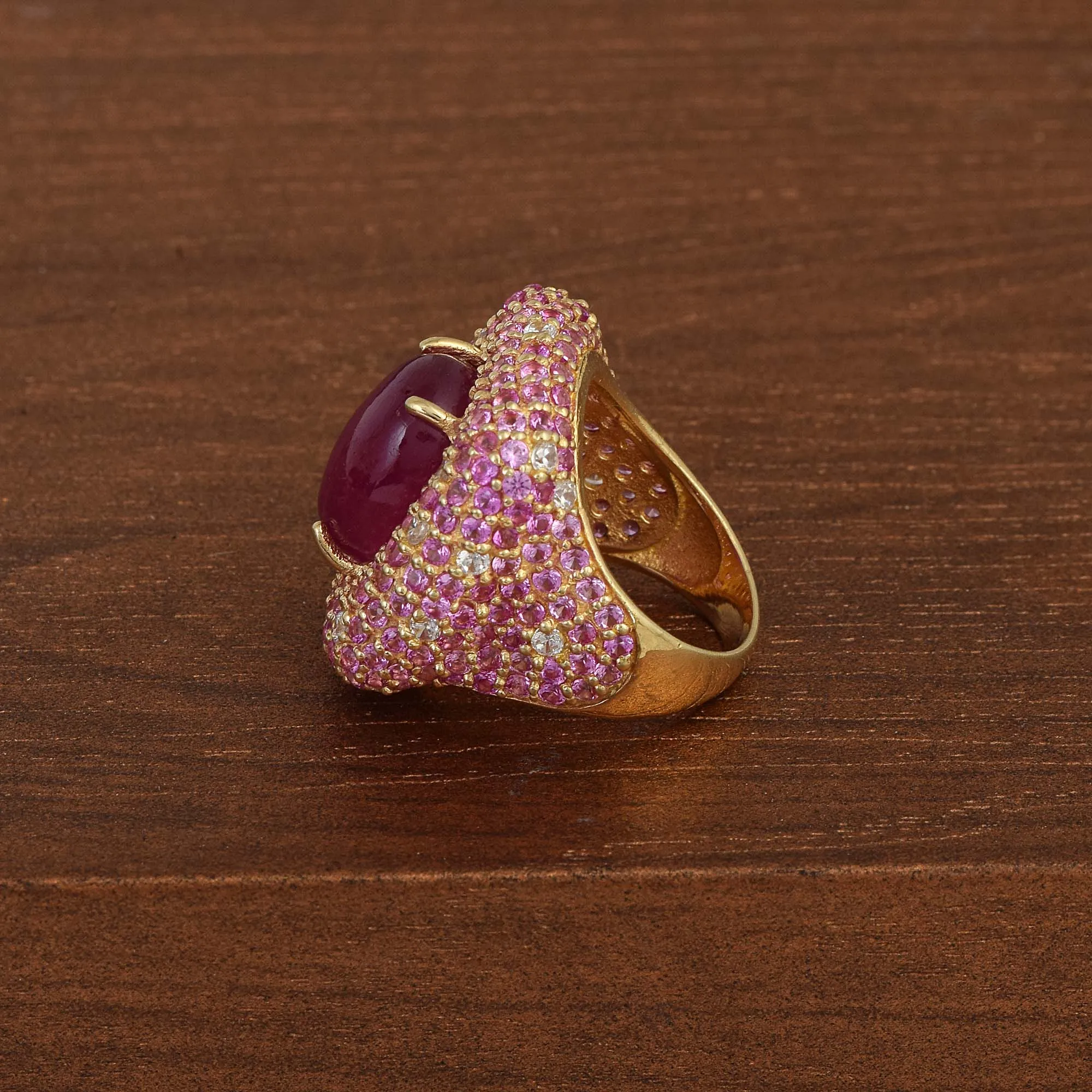 Natural Ruby Pink Sapphire Gemstone Cocktail Band Ring Cubic Zircon 925 Sterling Silver Gold Plated Jewelry for Women