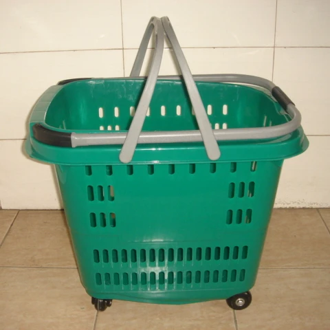 MOQ 50L Supermarket rolling basket with 4 wheels, shopping basket, plastic basket