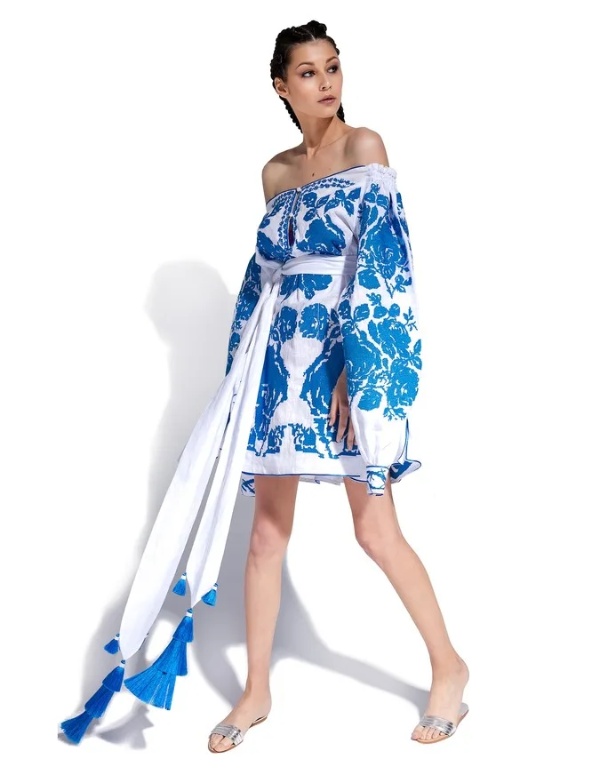 Best quality women 2021 Off Shoulder ukrainian wide cut casual dress sleeveless ukrainian dress with embroidery work