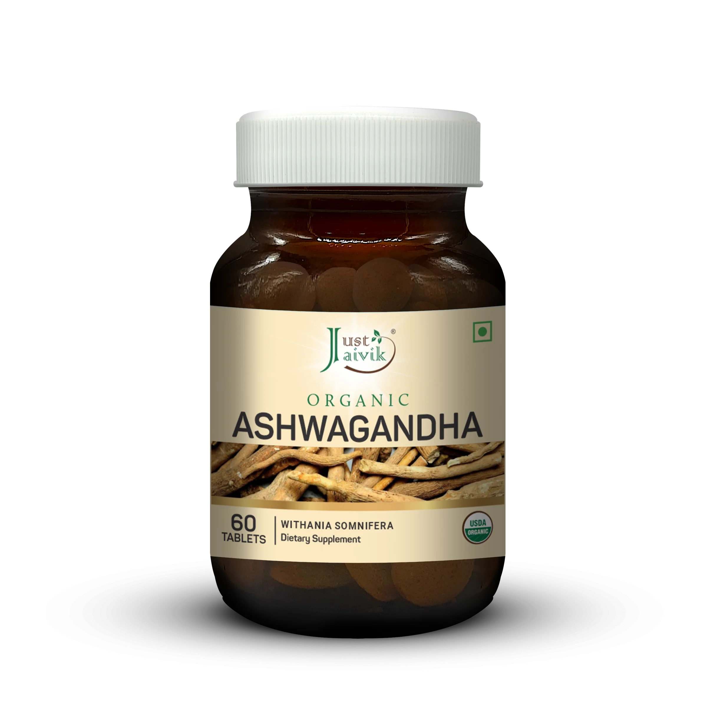 Органические таблетки Ashwagandha (Витания сомнифера)-600 мг, 60 таблеток в стеклянной бутылке