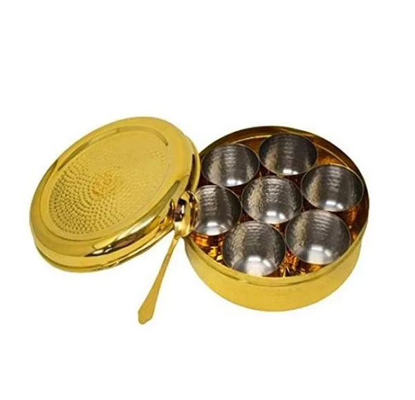 Bulk Stainless Steel Rose Gold Polished Hammered Masala Spice Box With Spoon And Seven Jar Container Box