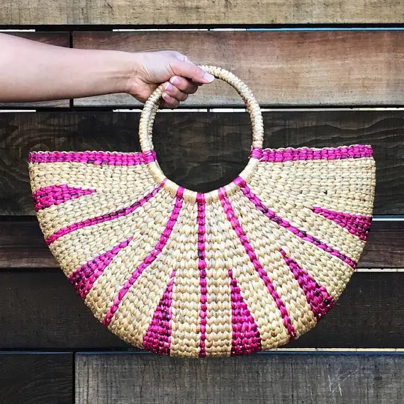 Bohemian striped black beige shoppe large water hyacinth bag elegant casual fashion straw bags bali woven