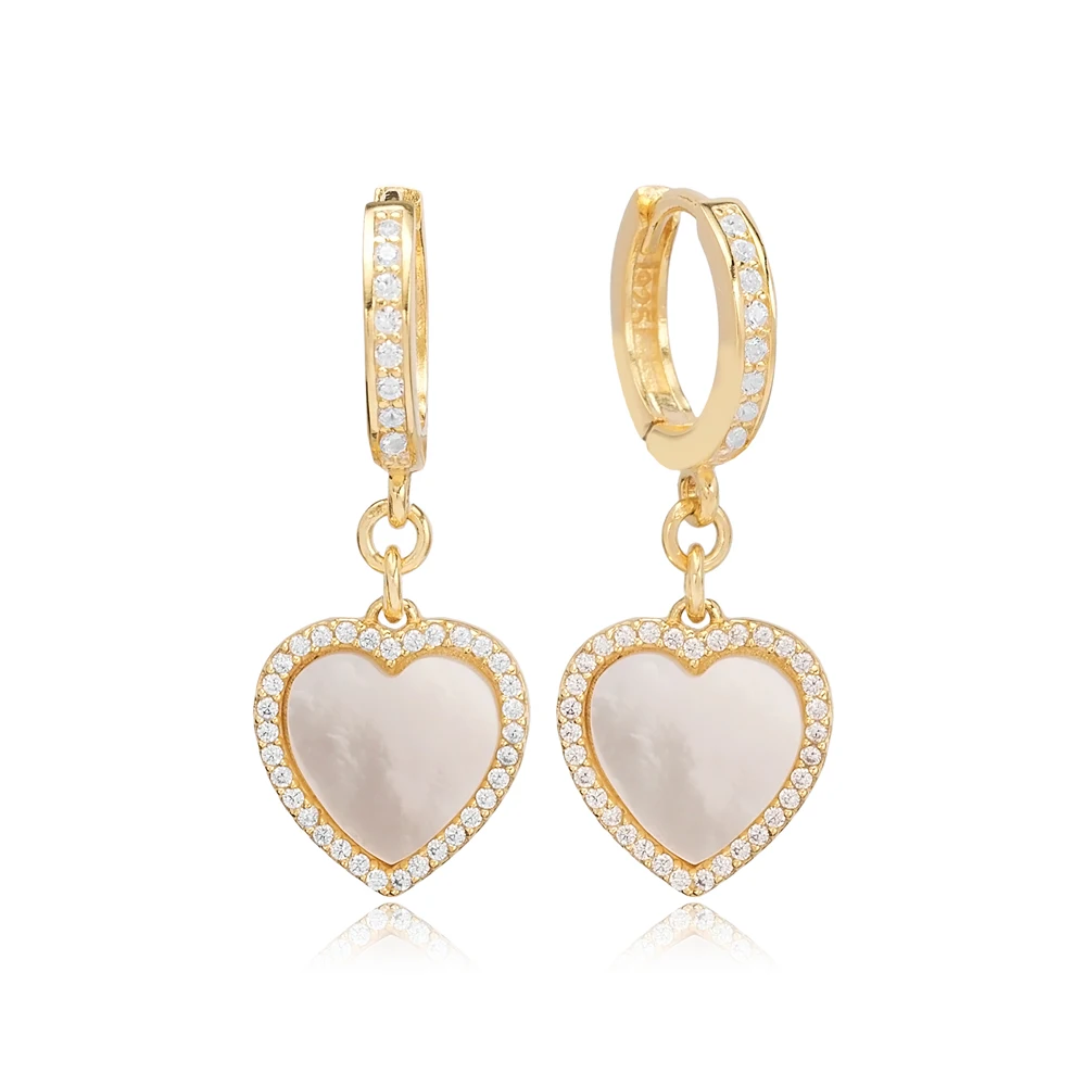 Mother Of Pearl Heart Design Zircon Stone Dangle Earrings Turkish Handcrafted Wholesale 925 Sterling Silver Jewelry