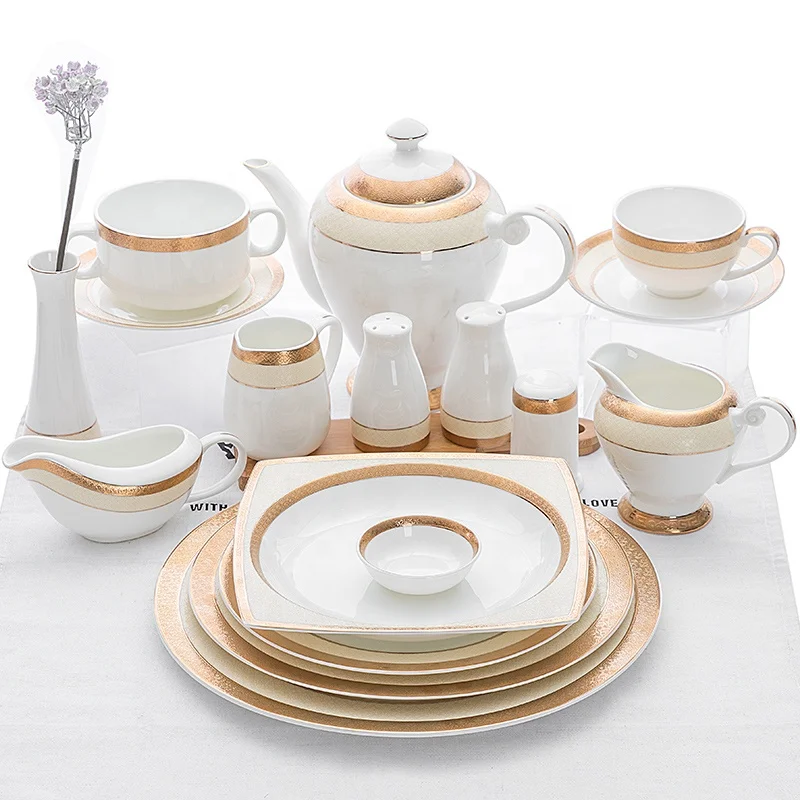 Guangzhou Wholesale Hotel Fine Bone China Porcelain, Thin Bone China Gold Rimmed Luxury Ceramic Plates Dinner Set~