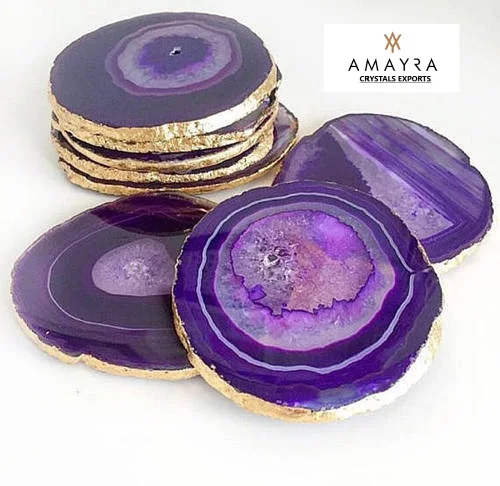 Natural Agate Coasters  | Purple Color Geode Coasters With Golden Plating  |Buy Online From Amayra Crystals Exports