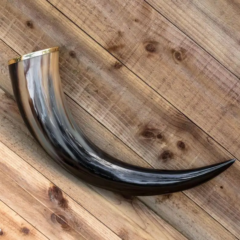 Indian Quality Natural Viking Drinking Horn with Horn Stand Carved Antique Viking Drinking Horn with Brass Rim