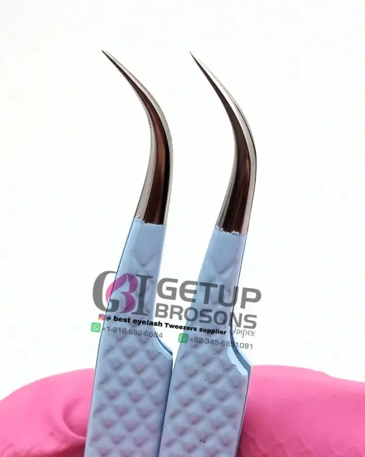 High Quality Best Design Curved Sky Blue Powder Coating Diamond Grip Eyelash Extension Tweezer Stainless Steel Beauty Instrument