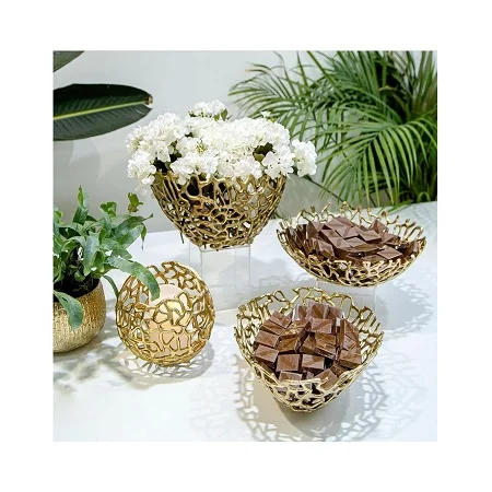 Set Of 3 Round Shape Marble And Aluminium Decorative Chocolate Snacks And Fruit Serving Bowl For Sale