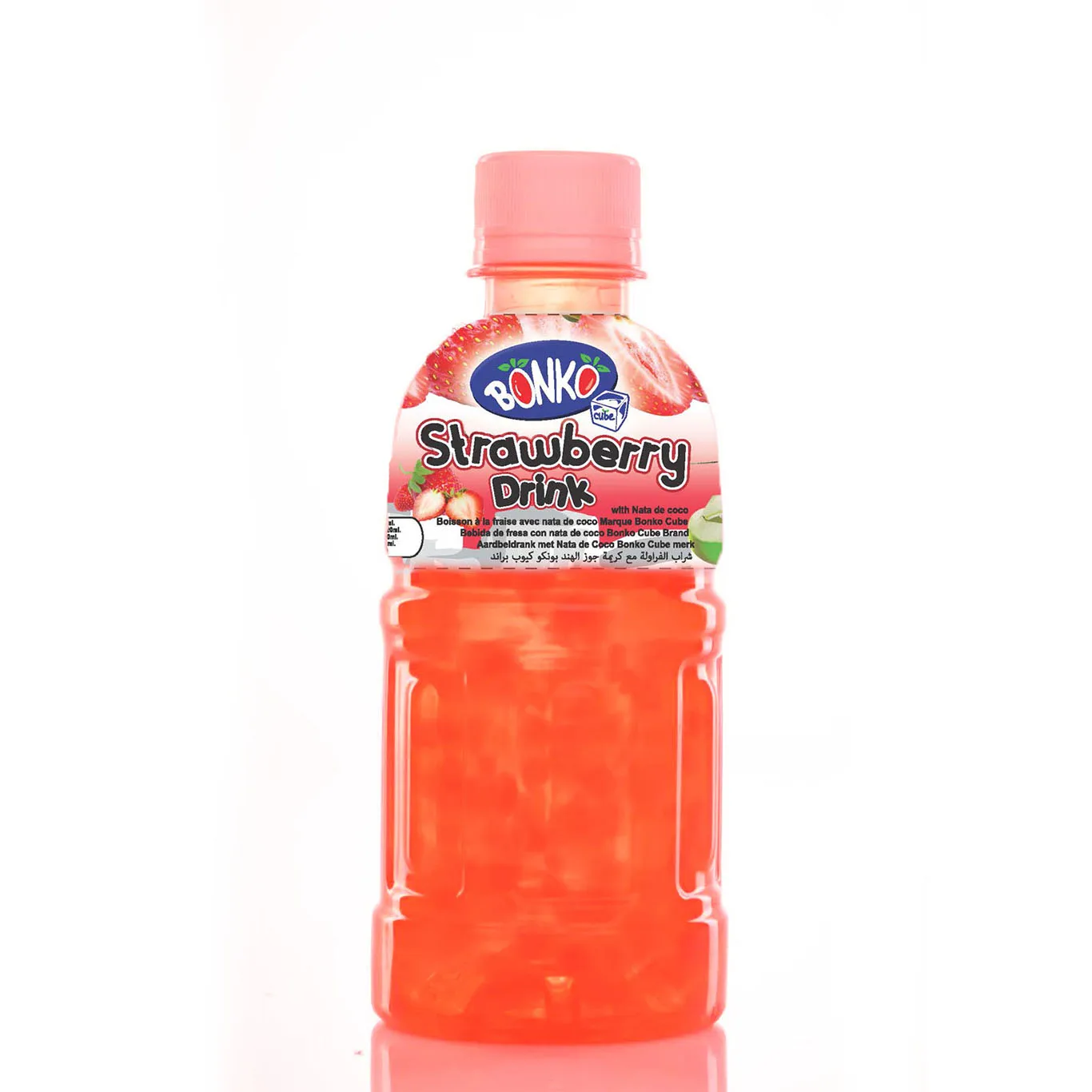 Fruit Drink Juice Strawberry with Nata De Coco 320ml Plastic bottle BONKO cube brand. Bottle water beverage , Made in Thailand.