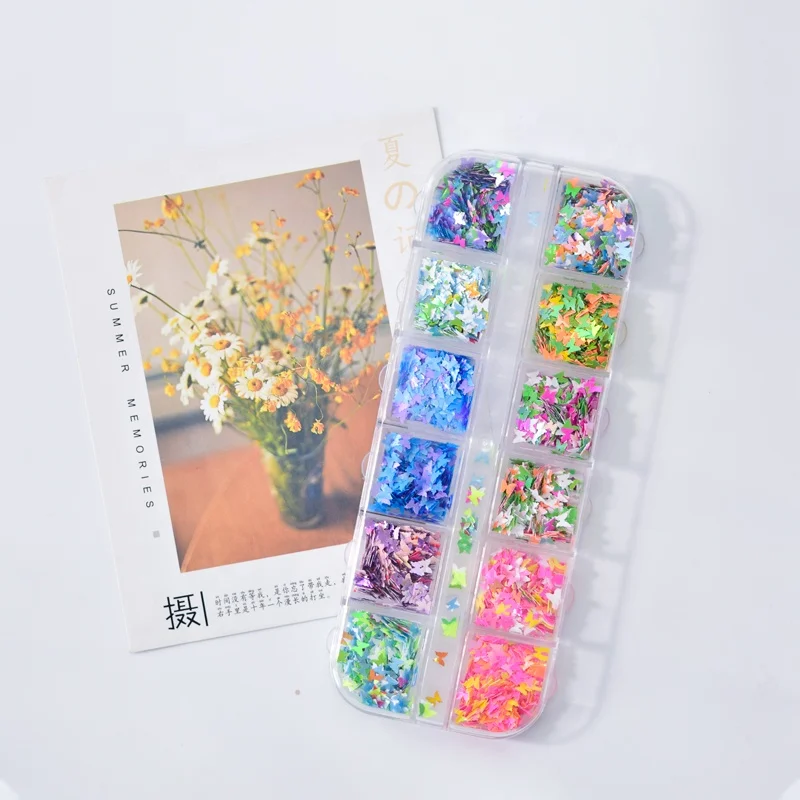  Нейл-арта блестками пайетками лазерный Nail Art чешуйчатого льда акриловый разноцветный 3D тонкая вышивка «звёздочки» или «бриллианты» бабочка цветок сливы