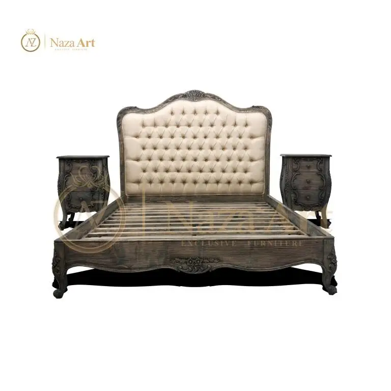 Antique Furniture French Style Bed Upholstered Bed With Details Hand Carved From Solid Wood For Bedroom Furniture With Bed Side
