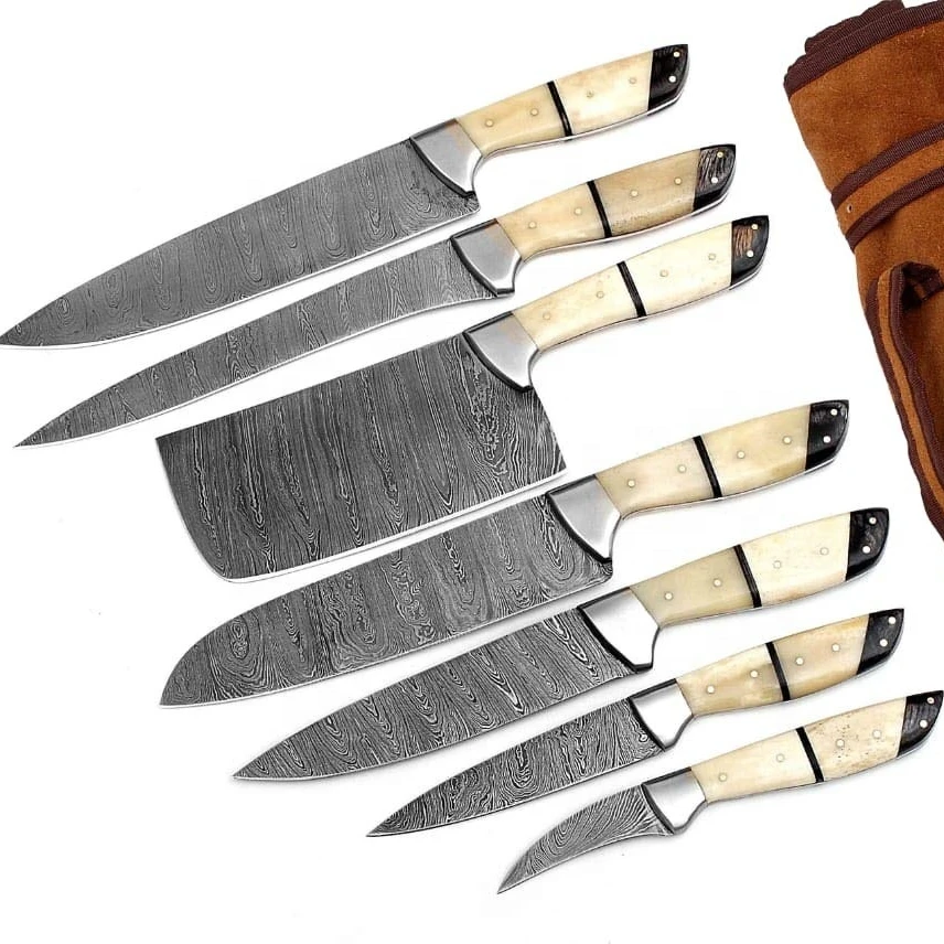 Custom Handmade 8-inch Damascus Steel Kitchen Chef Knives Stainless Steel and Bone Handle Boning Knife Set
