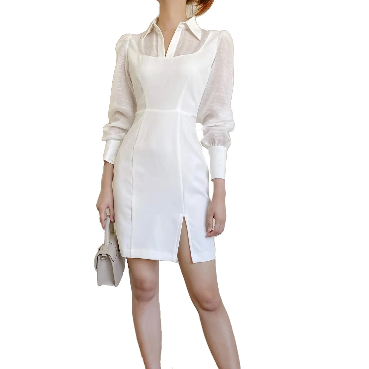 2020 New Arrivals Elegant Black Office Dress Summer Long Sleeve Open End Formal Dress