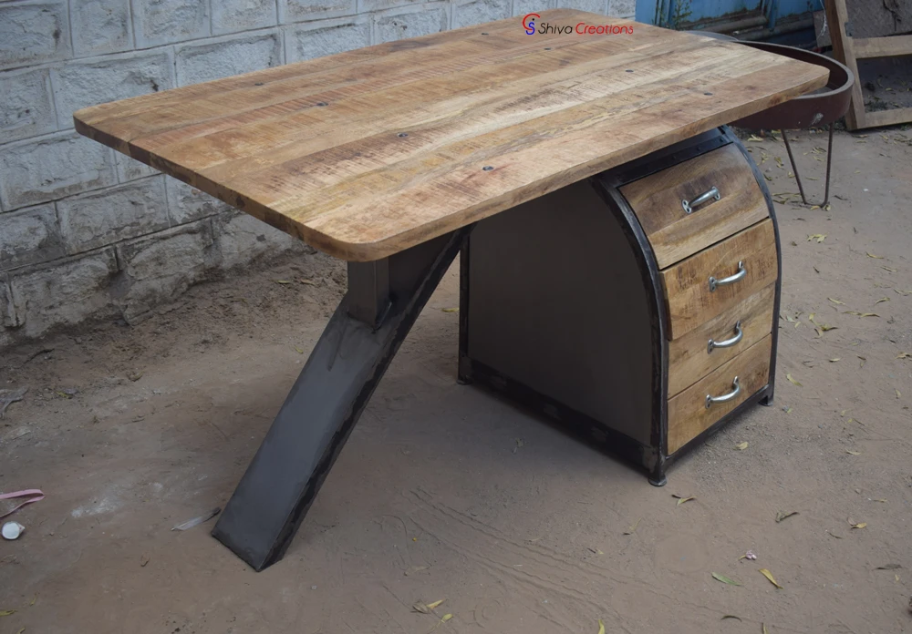 Indian Rustic Vintage Industrial Metal Wood Home Office Furniture Workstation Computer Desk Study Writing Table