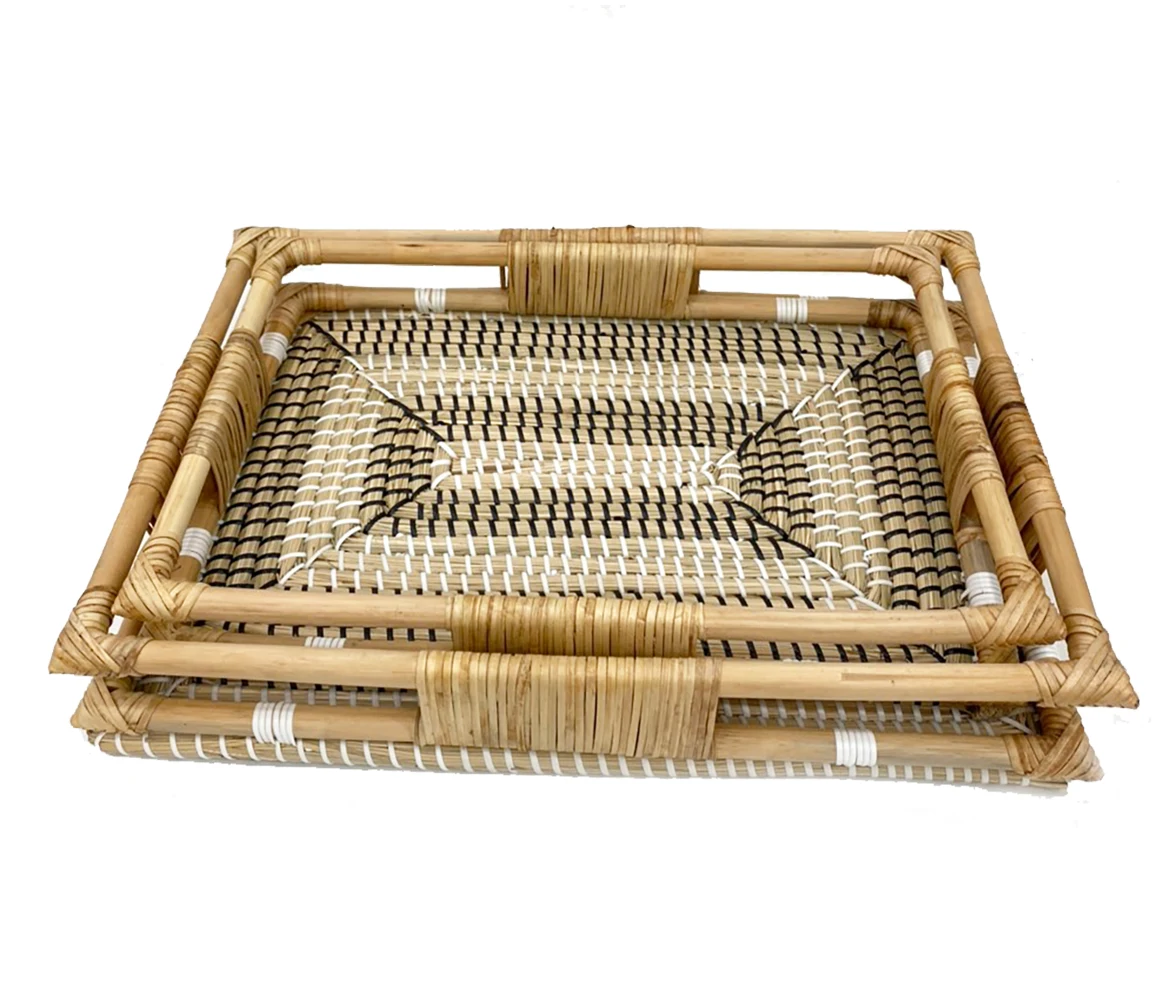 Direct exporter best quality square natural seagrass tray use woven seagrass tray for serving tray bohemian patterns set 2