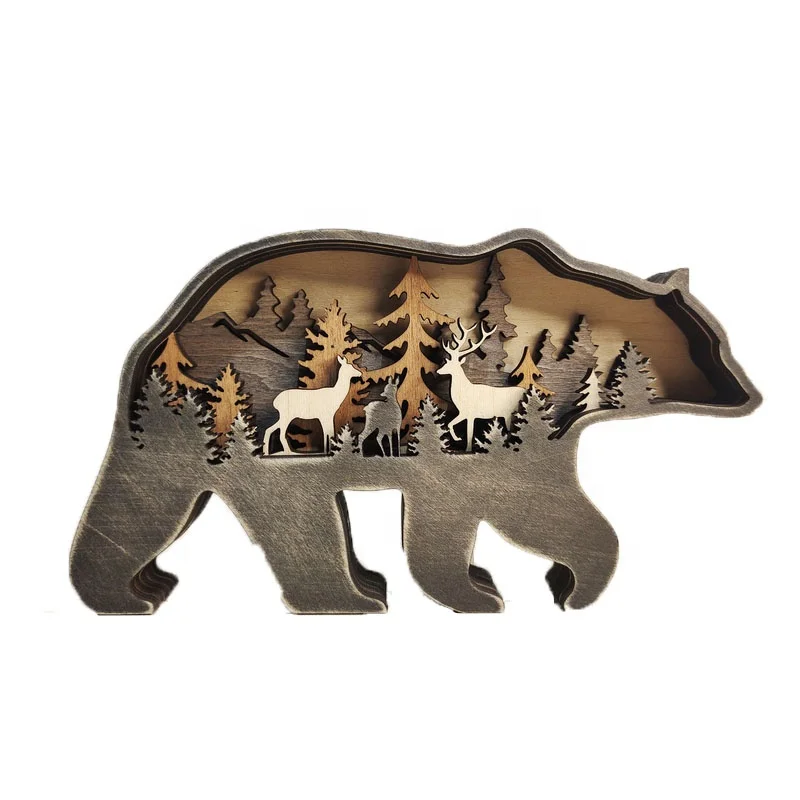 3D Carving Animal Home Decoration Accessories Wooden Crafts Creative Wood Carving Bear Elk Brown Bear Ornaments DIY Products