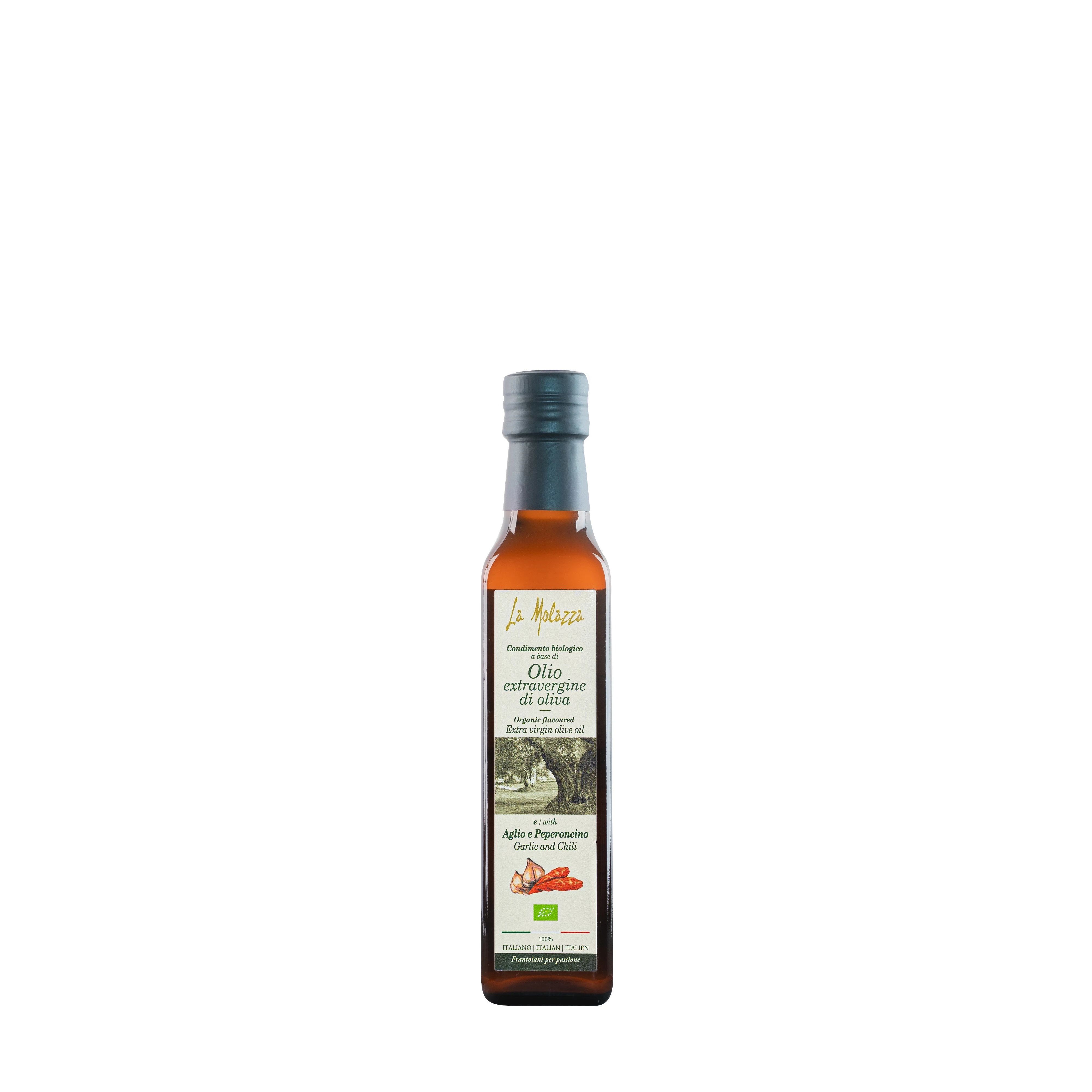 100% Italian Organic Extra Virgin Olive Oil 0.25L flavored with garlic and chilli pepper, typical natural Calabrian product