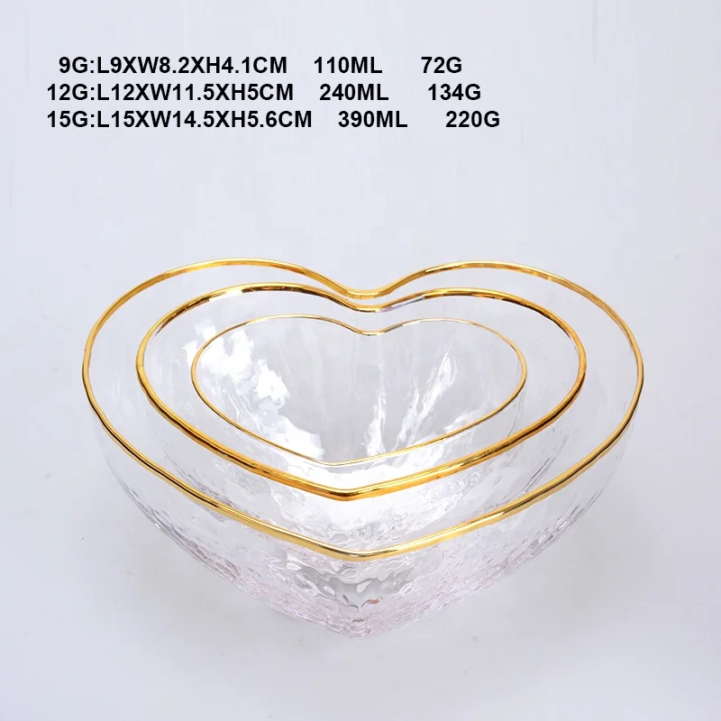 gold rim tableware heart shape glass salad bowl transparent fruit dessert bowl