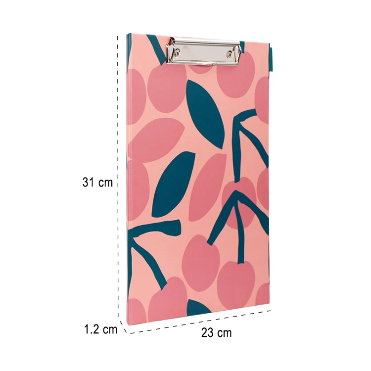 Office stationery fashion cherry A4 file holder with metal clip and writing memo pad inside, clipboard folder