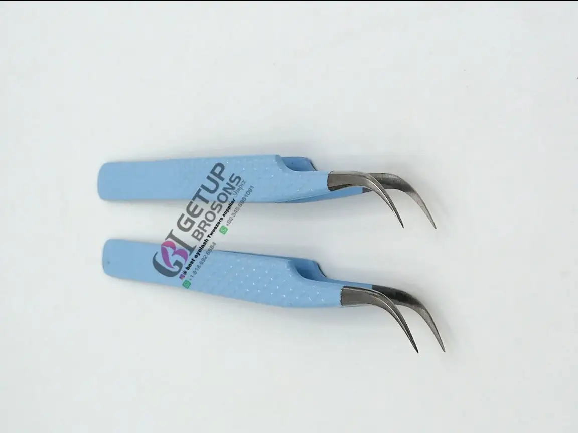 High Quality Best Design Curved Sky Blue Powder Coating Diamond Grip Eyelash Extension Tweezer Stainless Steel Beauty Instrument