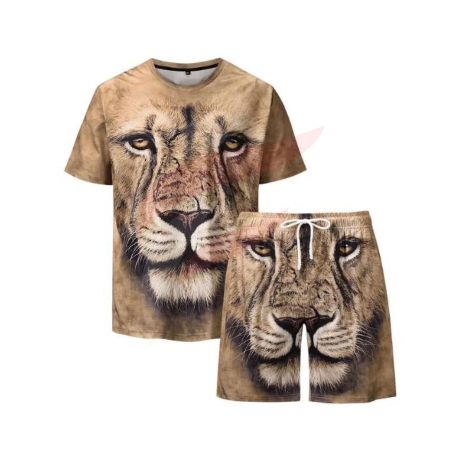 
Men Lion Print Round Neck Tee & Track Shorts 