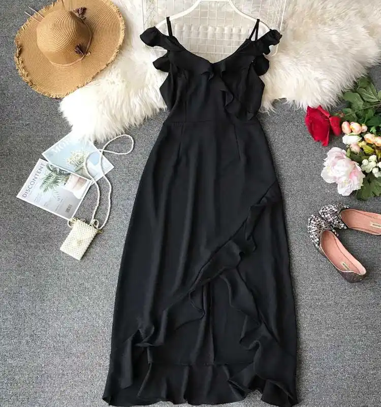 Latest Designer Girls Casual Formal Dress Short Ruffle Sleeve One Piece Black Short Dress
