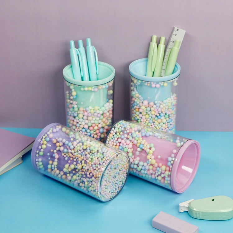 2022 new style colorful pencil holder for home office, pen cup stand for desk with bubble ball for kids teens, cute pen holder