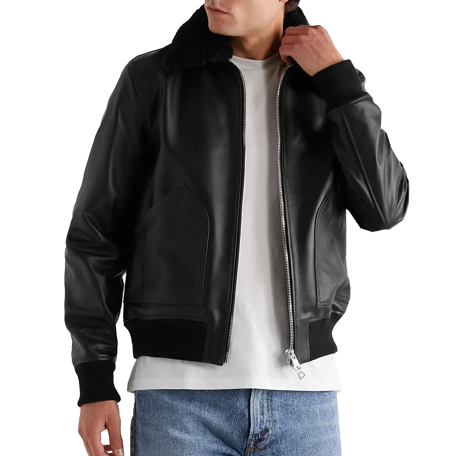 Куртка Премиум-Качества оригинальная зимняя мужская кожаная куртка-бомбер с воротником и овчиной
