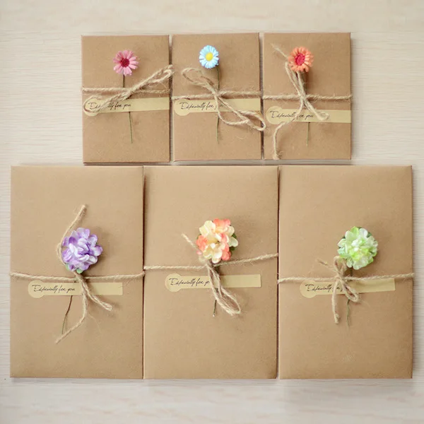 Creative Simple DIY Birthday Tanabata Teacher Day Christmas Vintage Kraft Paper Dried Flower Greeting Card