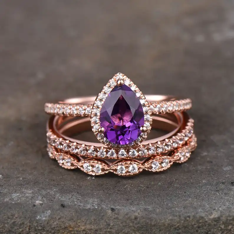 Amethyst Engagement Ring Set Amethyst Stacking Wedding Bands February Birthstone Ring Rose Gold Plated Bridal Set 925 Silver