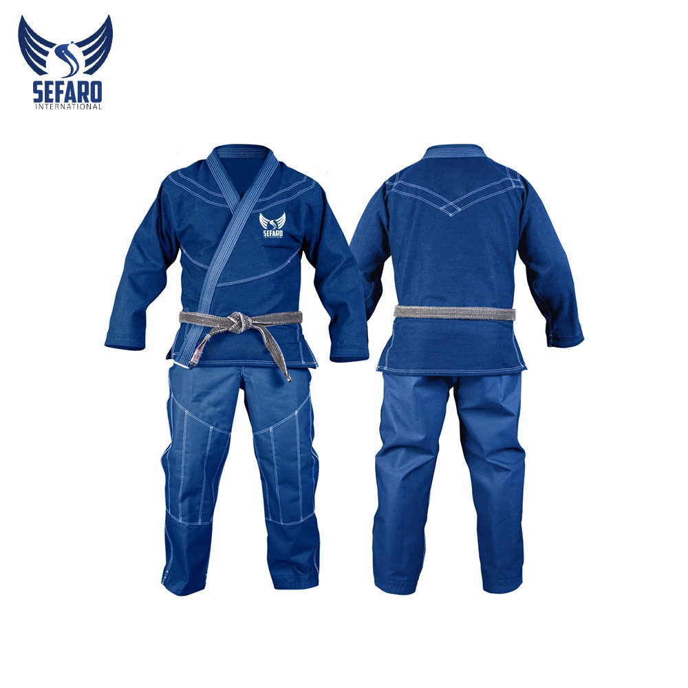 Blue Color Martial Arts jiu jitsu gi Karate full suit in pearl weave hot selling strapped closure hood with trouser